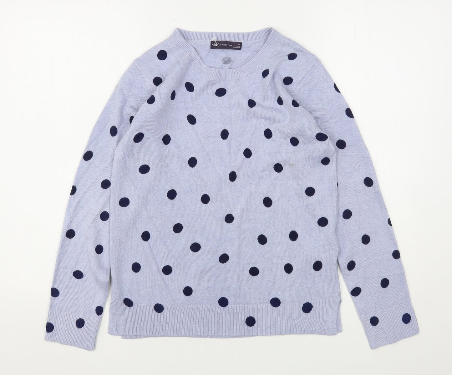 Marks and Spencer Womens Blue Round Neck Polka Dot Acrylic Pullover Jumper Size 10