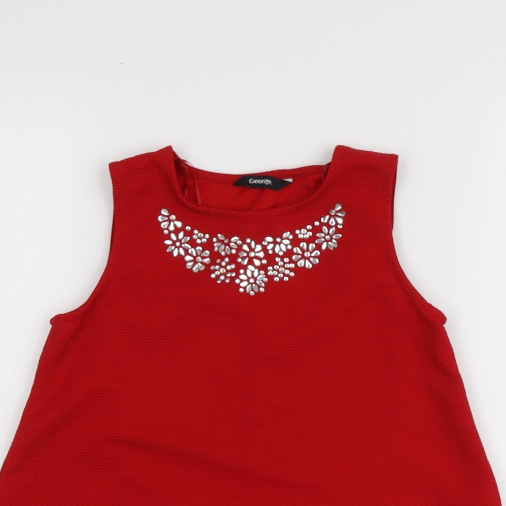 George Girls Red Geometric Polyester Basic T-Shirt Size 8-9 Years Round Neck