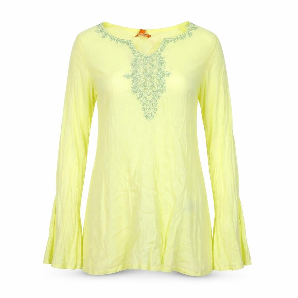 Crossroads Womens Yellow Geometric 100% Cotton Basic T-Shirt Size S V-Neck