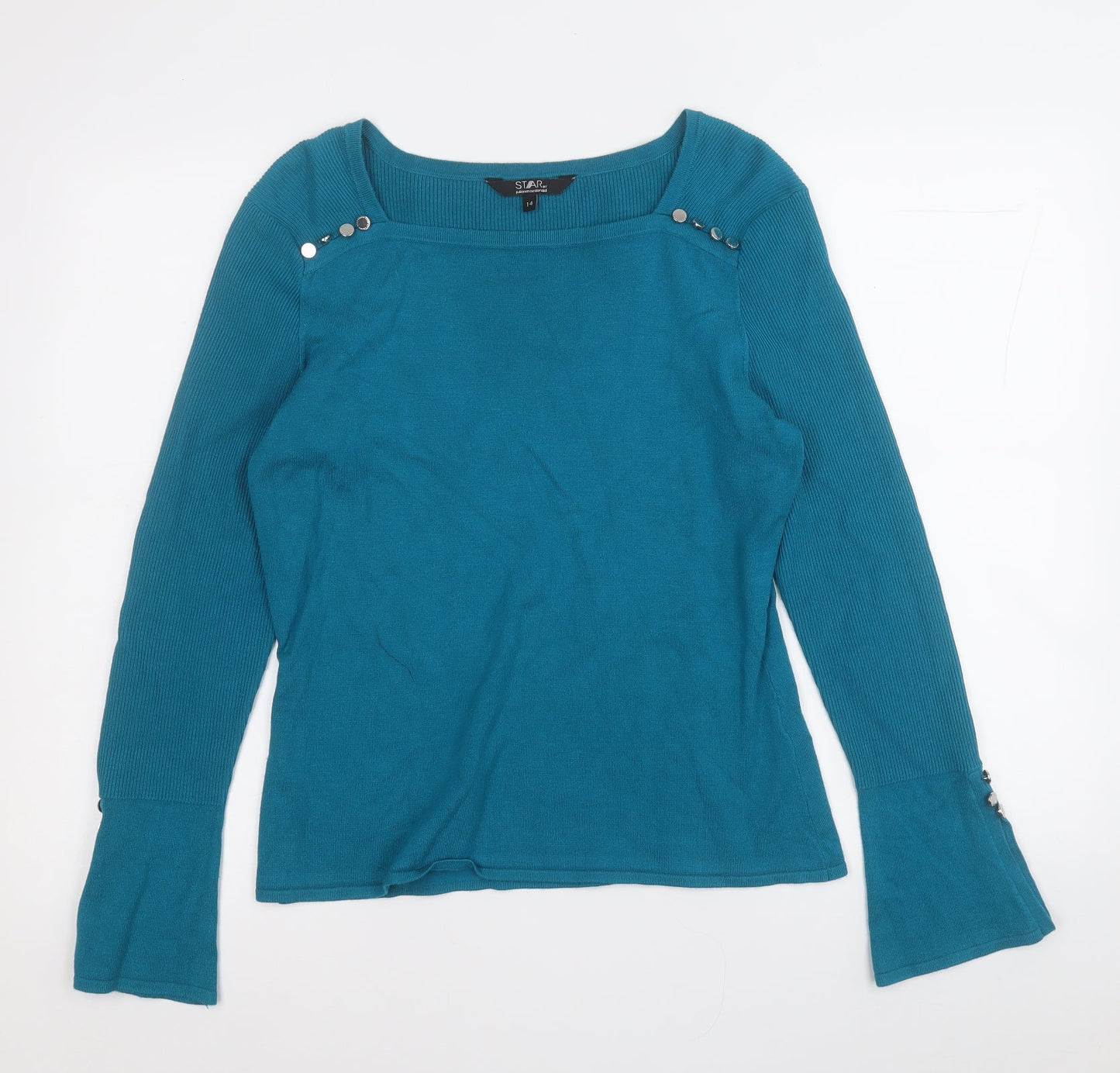 Star Womens Blue Square Neck  Viscose Pullover Jumper Size 14