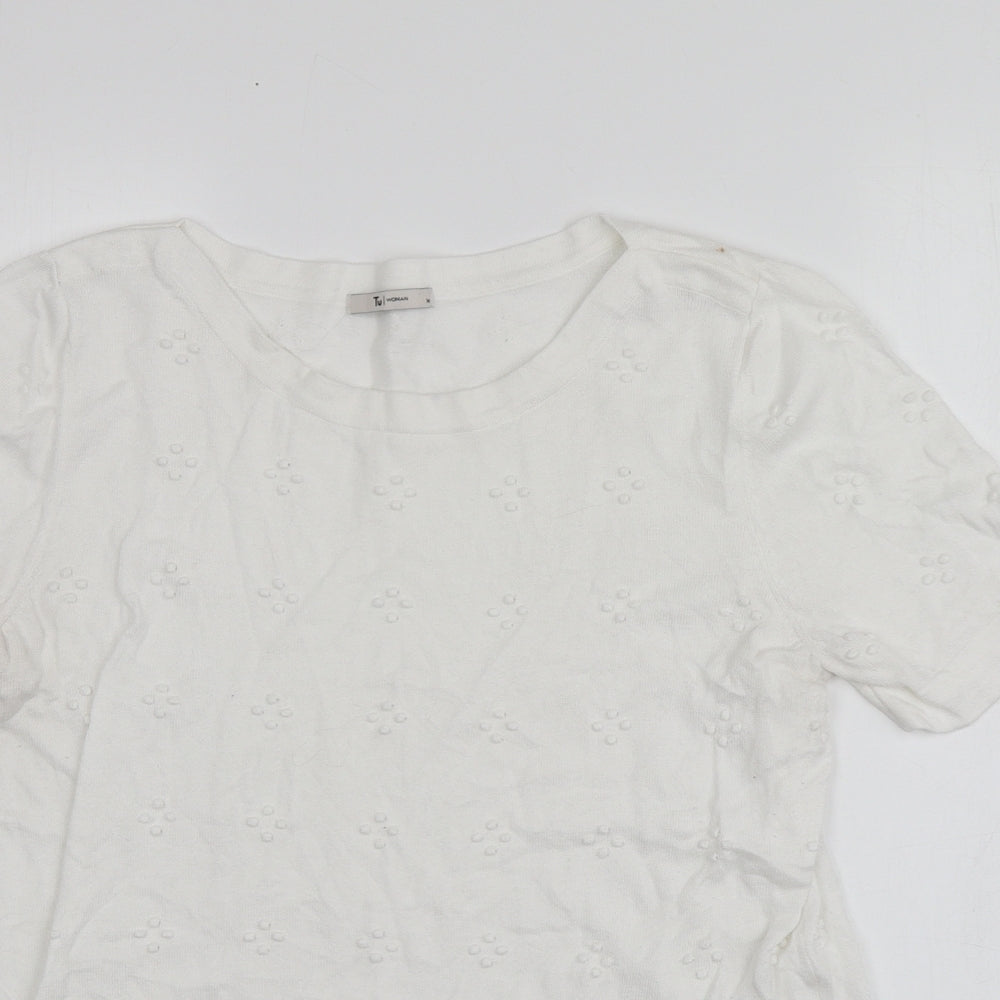 TU Womens White Round Neck Geometric Cotton Pullover Jumper Size 14