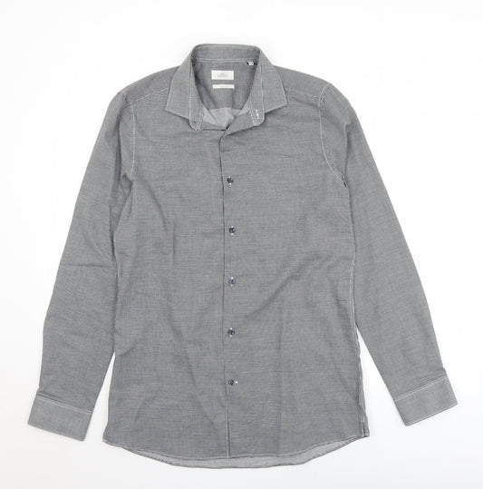 NEXT Mens Black Check Polyester  Button-Up Size 15.5 Collared Button
