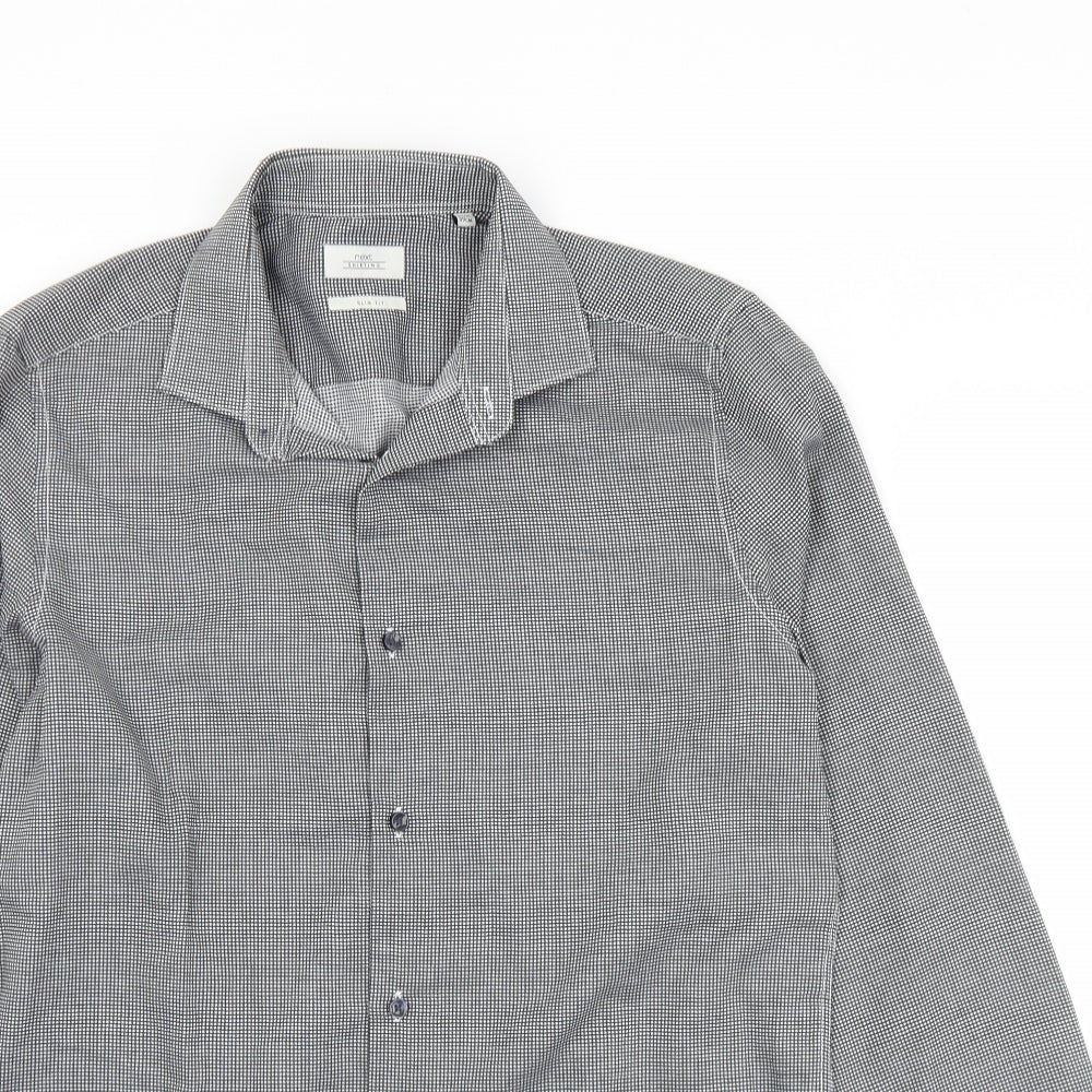 NEXT Mens Black Check Polyester  Button-Up Size 15.5 Collared Button