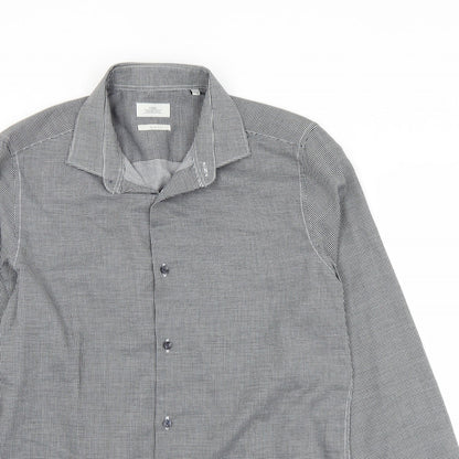 Next Mens Black Check Polyester  Button-Up Size 15.5 Collared Button
