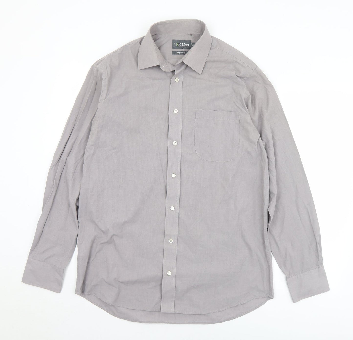 Marks and Spencer Mens Grey  Polyester  Button-Up Size 15.5 Collared Button