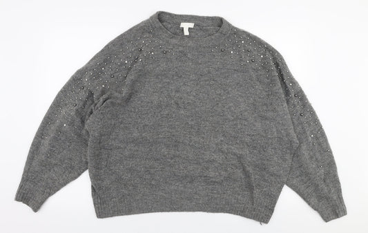 H&M Womens Grey Round Neck  Acrylic Pullover Jumper Size M