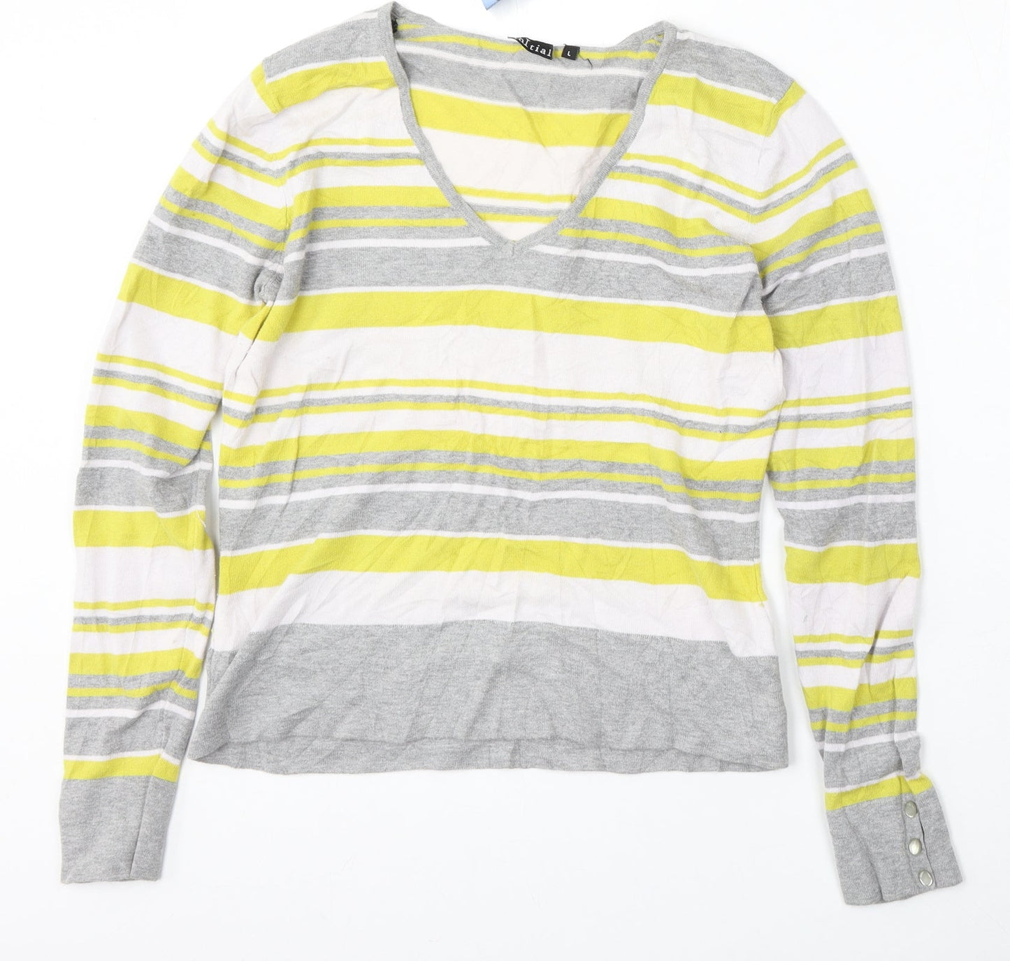iNITIAL Womens Multicoloured V-Neck Striped Cotton Pullover Jumper Size L