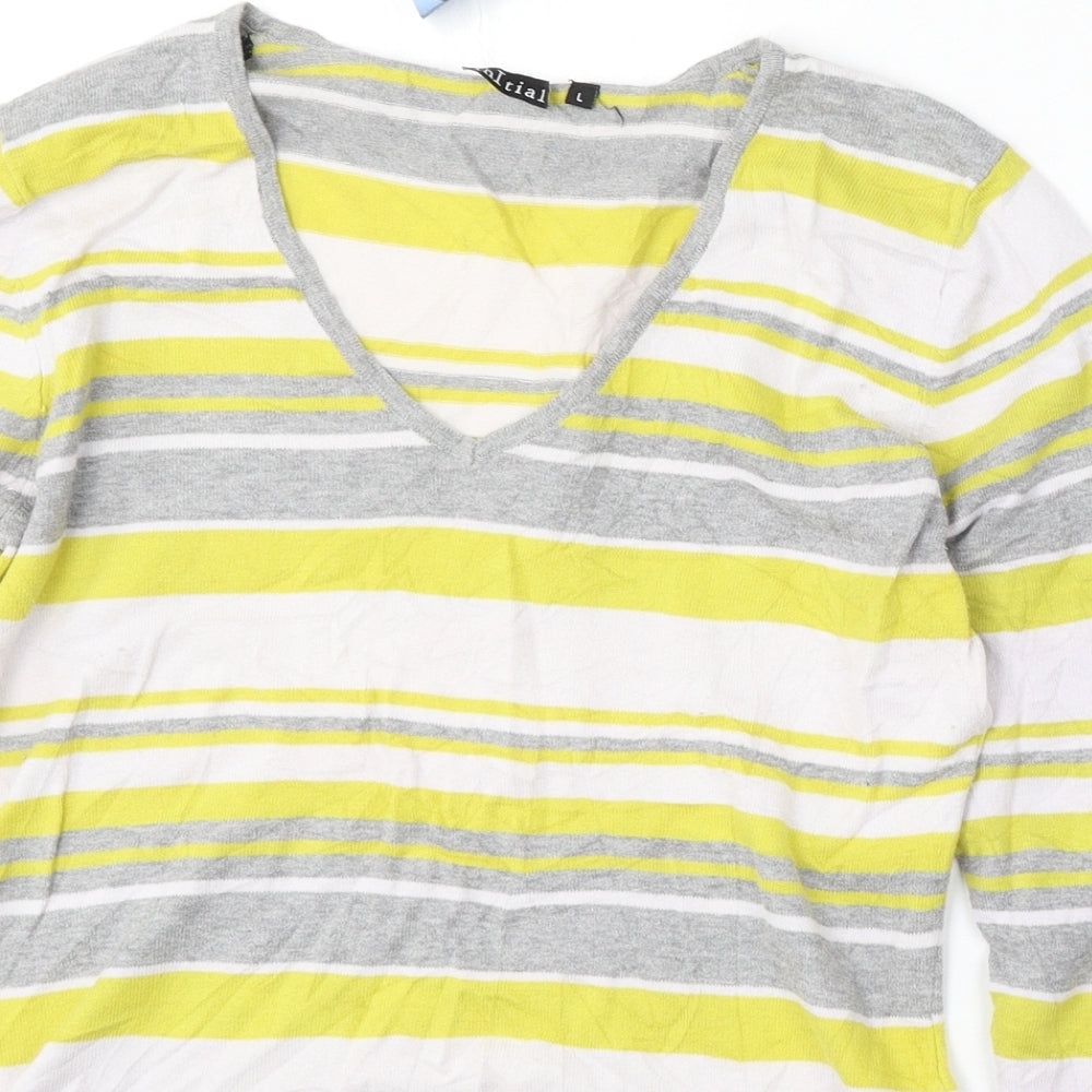 iNITIAL Womens Multicoloured V-Neck Striped Cotton Pullover Jumper Size L