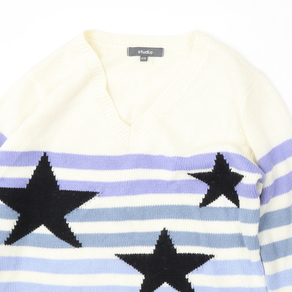 Studio Womens Ivory V-Neck  Acrylic Pullover Jumper Size 8