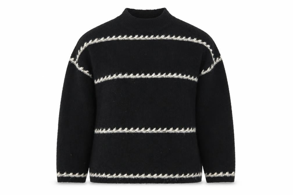 Preworn Womens Black High Neck Striped Polyester Pullover Jumper Size M