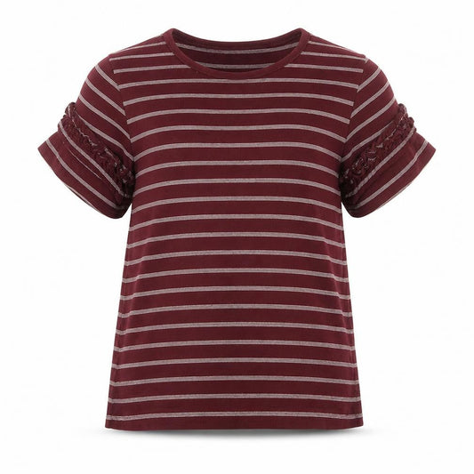Marks & Spencer Girls Red Striped Cotton Basic T-Shirt Size 8-9 Years Round Neck  - Shoulder Detail