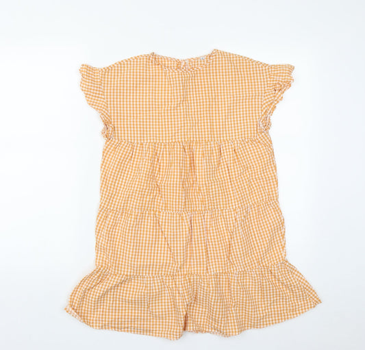 Preworn Womens Orange Plaid Polyester Basic Blouse Size S Round Neck