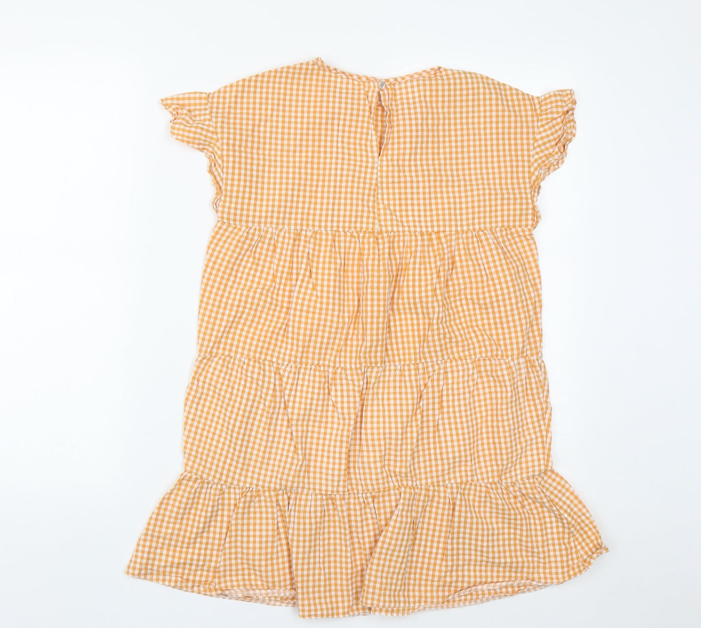 Preworn Womens Orange Plaid Polyester Basic Blouse Size S Round Neck