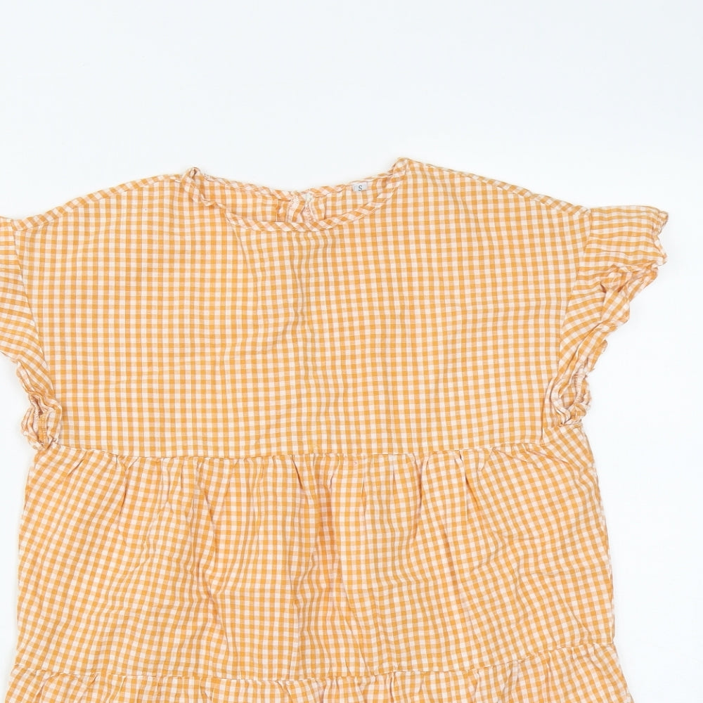 Preworn Womens Orange Plaid Polyester Basic Blouse Size S Round Neck