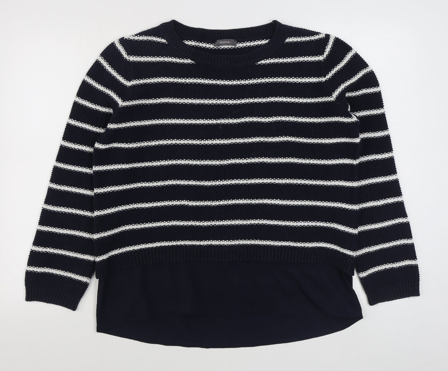 Yessica Womens Blue Boat Neck Striped Cotton Pullover Jumper Size M