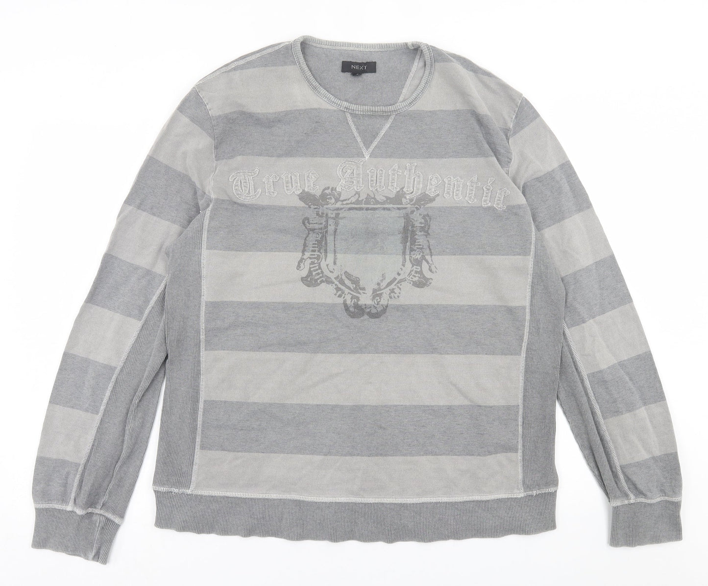 NEXT Mens Grey Crew Neck Striped Cotton Pullover Jumper Size L