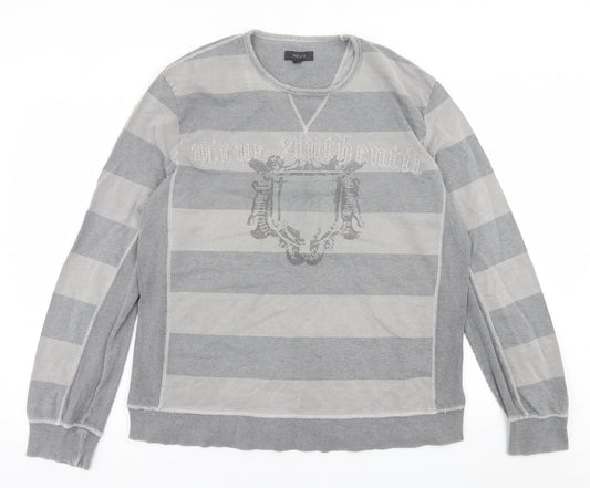 NEXT Mens Grey Crew Neck Striped Cotton Pullover Jumper Size L