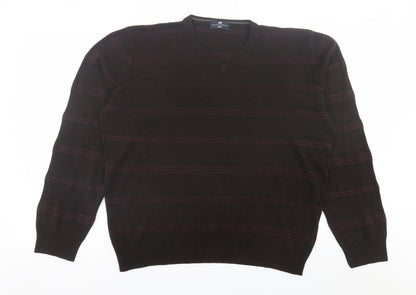 Preloved Blue Harbour Mens Brown V-Neck Striped Acrylic Pullover Jumper Size 2XL - Front
