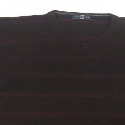 Preloved Blue Harbour Mens Brown V-Neck Striped Acrylic Pullover Jumper Size 2XL - Detail