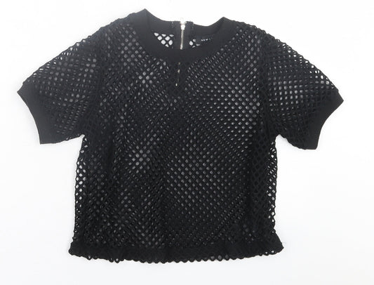 New Look Womens Black  Polyester Cropped T-Shirt Size 8 Crew Neck