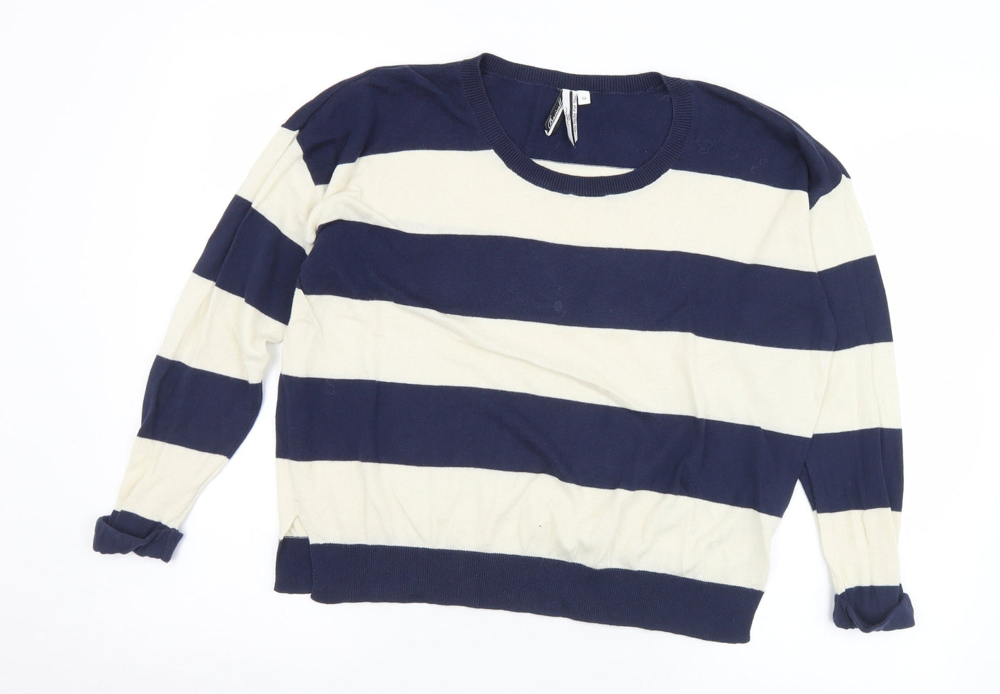 New Look Womens Blue Round Neck Striped Cotton Pullover Jumper Size 10
