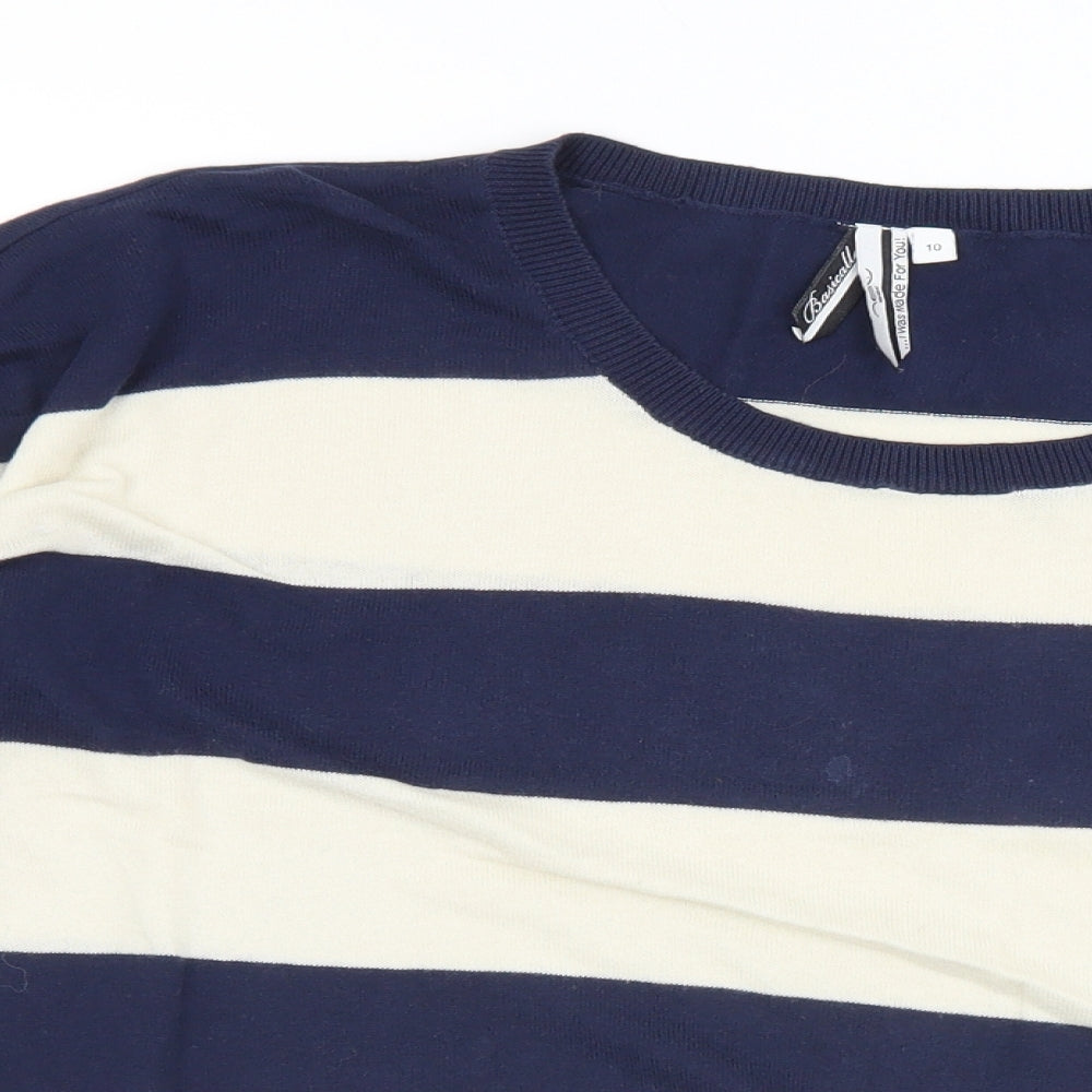 New Look Womens Blue Round Neck Striped Cotton Pullover Jumper Size 10