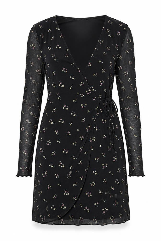H&M Womens Black Floral Polyester Mini  Size XS  V-Neck
