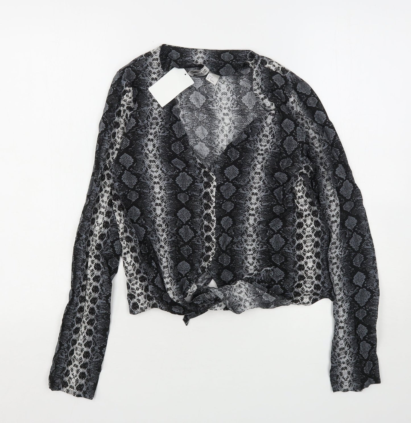 H&M Womens Grey Animal Print Viscose Basic Button-Up Size 6 V-Neck