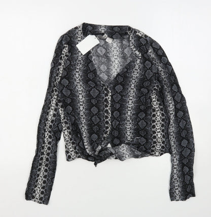 H&M Womens Grey Animal Print Viscose Basic Button-Up Size 6 V-Neck