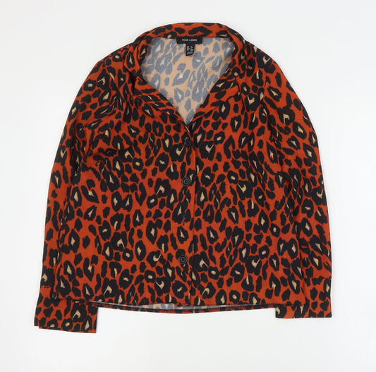 New Look Womens Orange Animal Print Polyester Basic Blouse Size 6 Collared