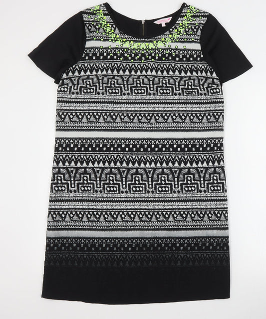 Butterfly Womens Black Geometric Polyester Mini  Size 14  Round Neck Zip