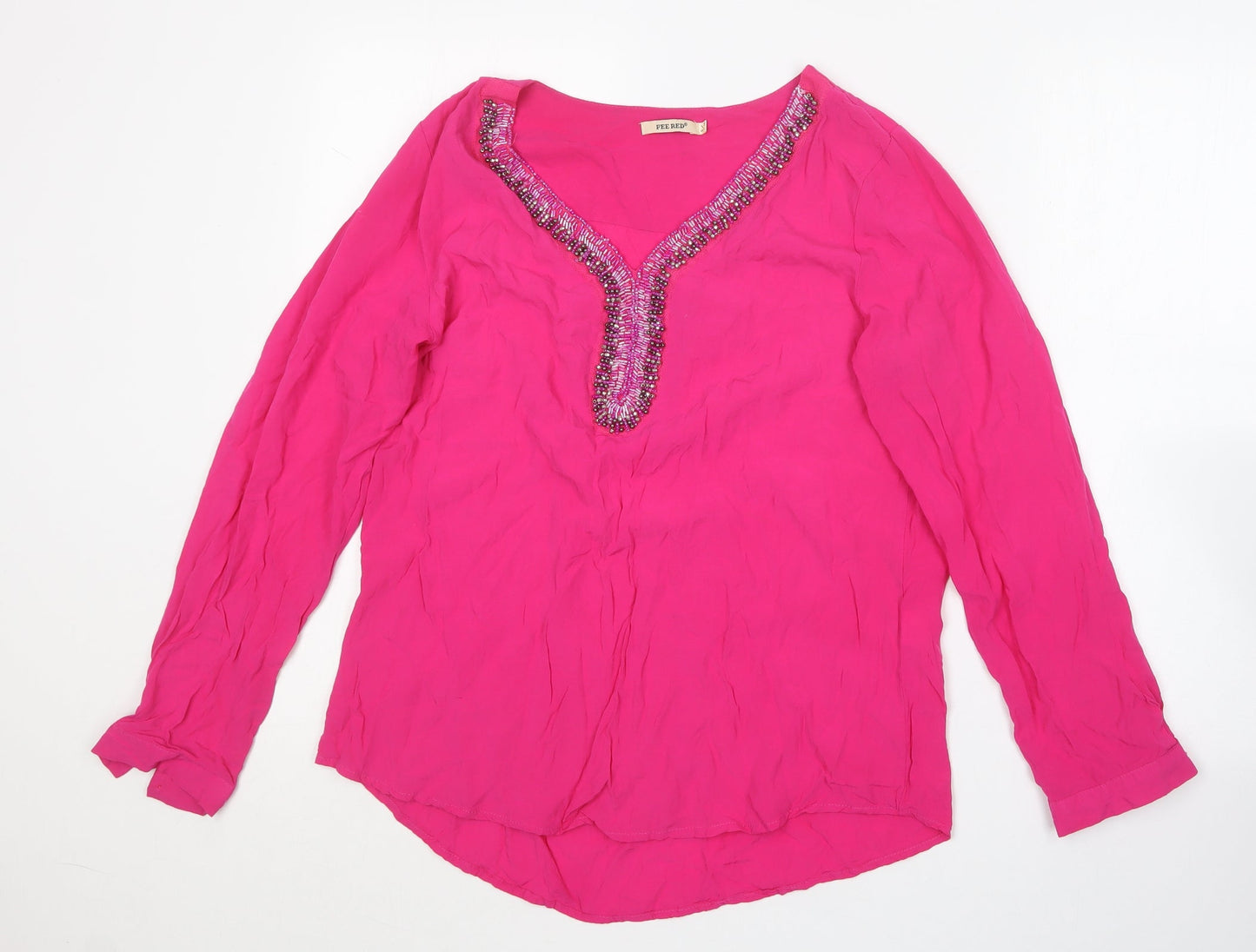 Fee Red Womens Pink  Nylon Basic T-Shirt Size S V-Neck