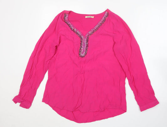 Fee Red Womens Pink  Nylon Basic T-Shirt Size S V-Neck