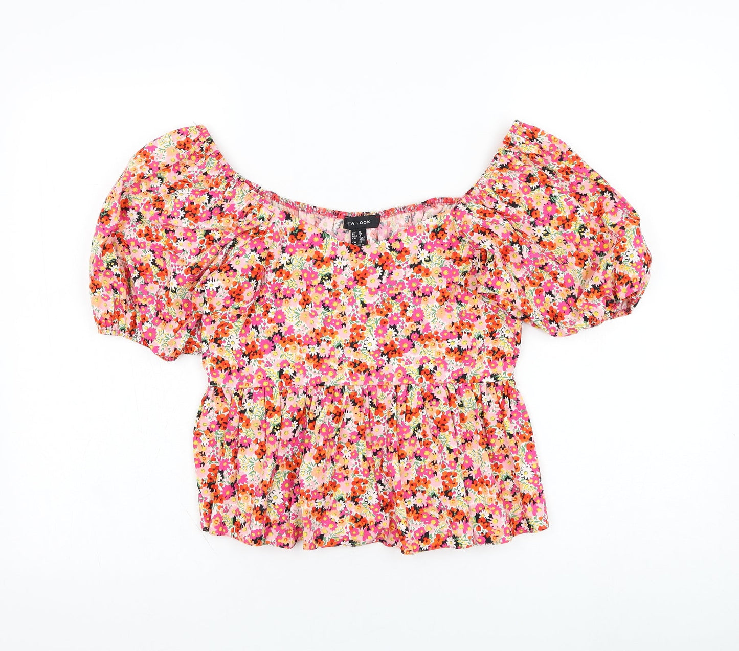 New Look Womens Red Floral Cotton Cropped Blouse Size 8 Square Neck