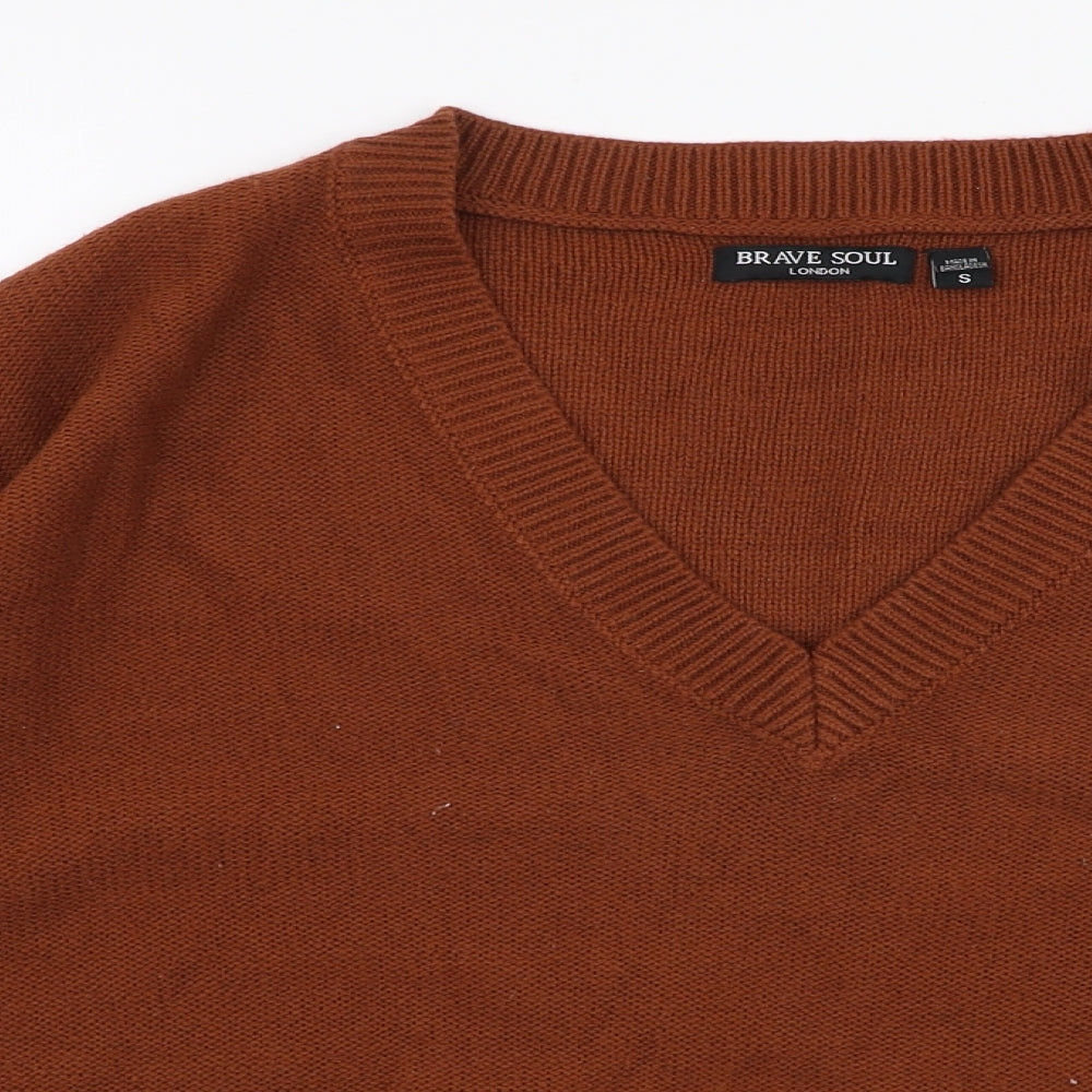 Brave Soul Womens Brown V-Neck  Acrylic Pullover Jumper Size S