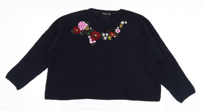 Bershka  Womens Blue Round Neck Floral Polyester Pullover Jumper Size M