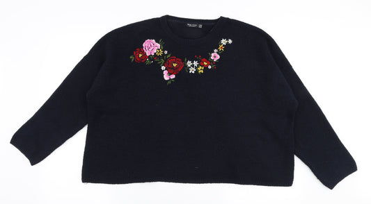 Bershka  Womens Blue Round Neck Floral Polyester Pullover Jumper Size M