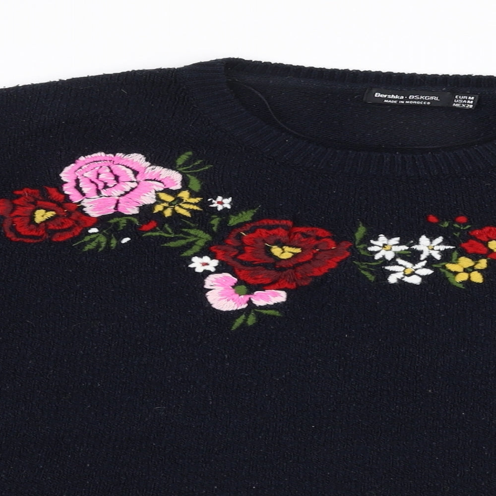 Bershka  Womens Blue Round Neck Floral Polyester Pullover Jumper Size M