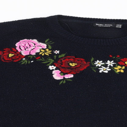 Bershka  Womens Blue Round Neck Floral Polyester Pullover Jumper Size M