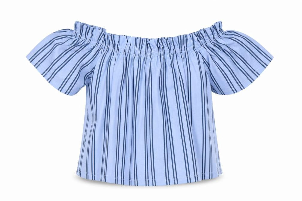Miss Selfridge Womens Blue Striped Polyester Basic Blouse Size 6 Off the Shoulder