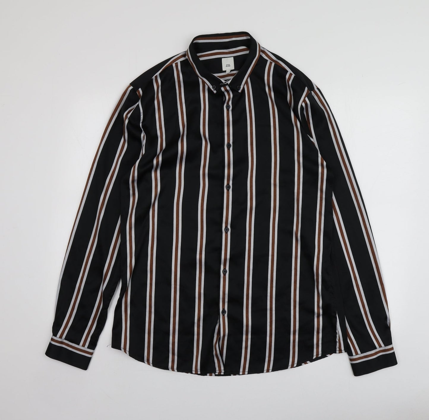 River Island Womens Black Striped Polyester Basic Button-Up Size L Collared