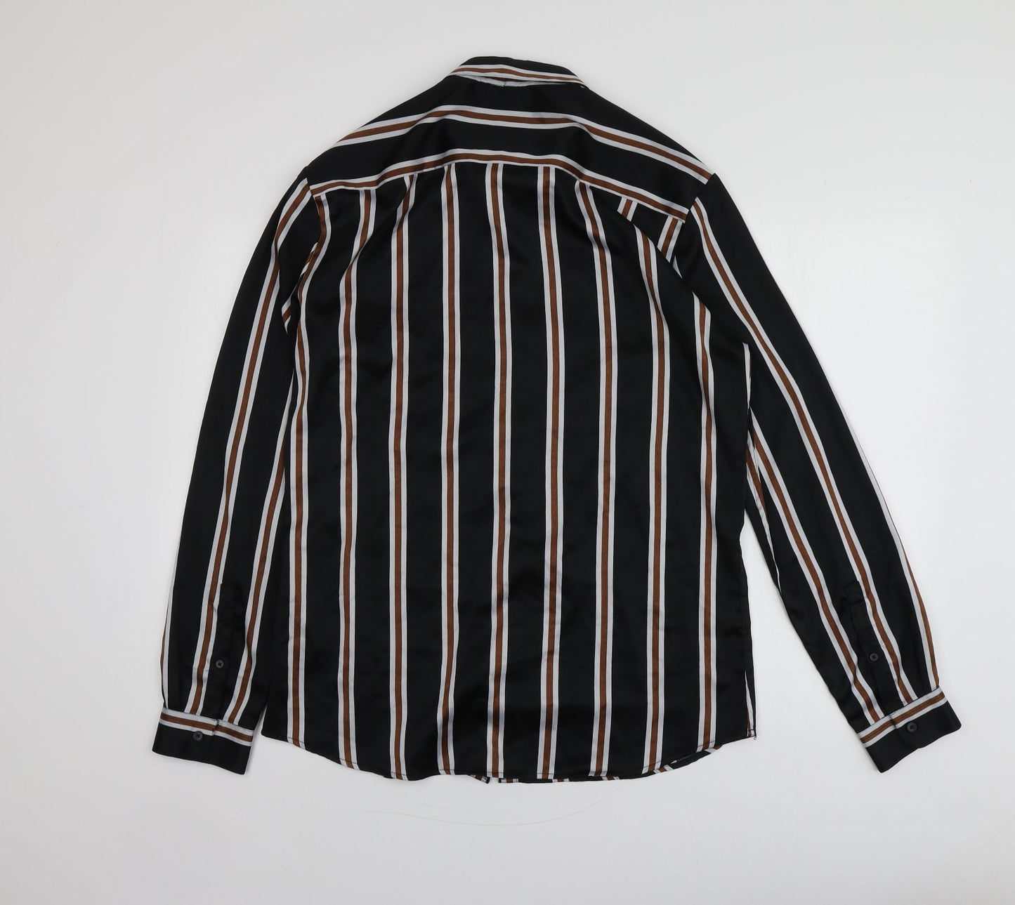 River Island Womens Black Striped Polyester Basic Button-Up Size L Collared