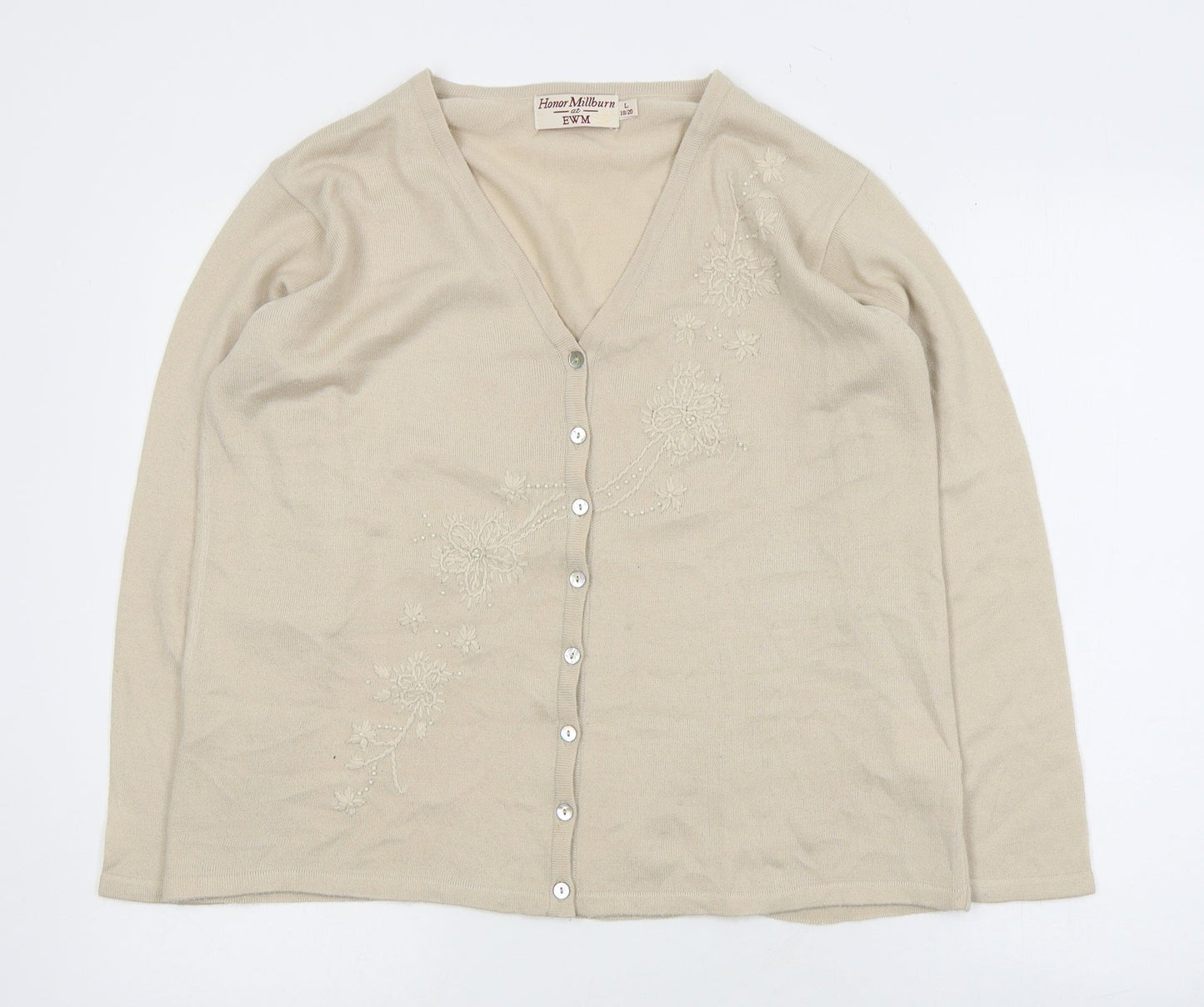 EWM Womens Beige V-Neck  Acrylic Cardigan Jumper Size L