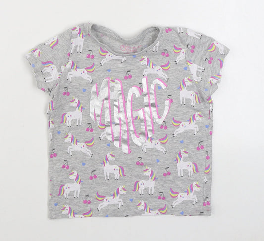 Primark Girls Grey Geometric Cotton Basic T-Shirt Size 4-5 Years Round Neck Pullover