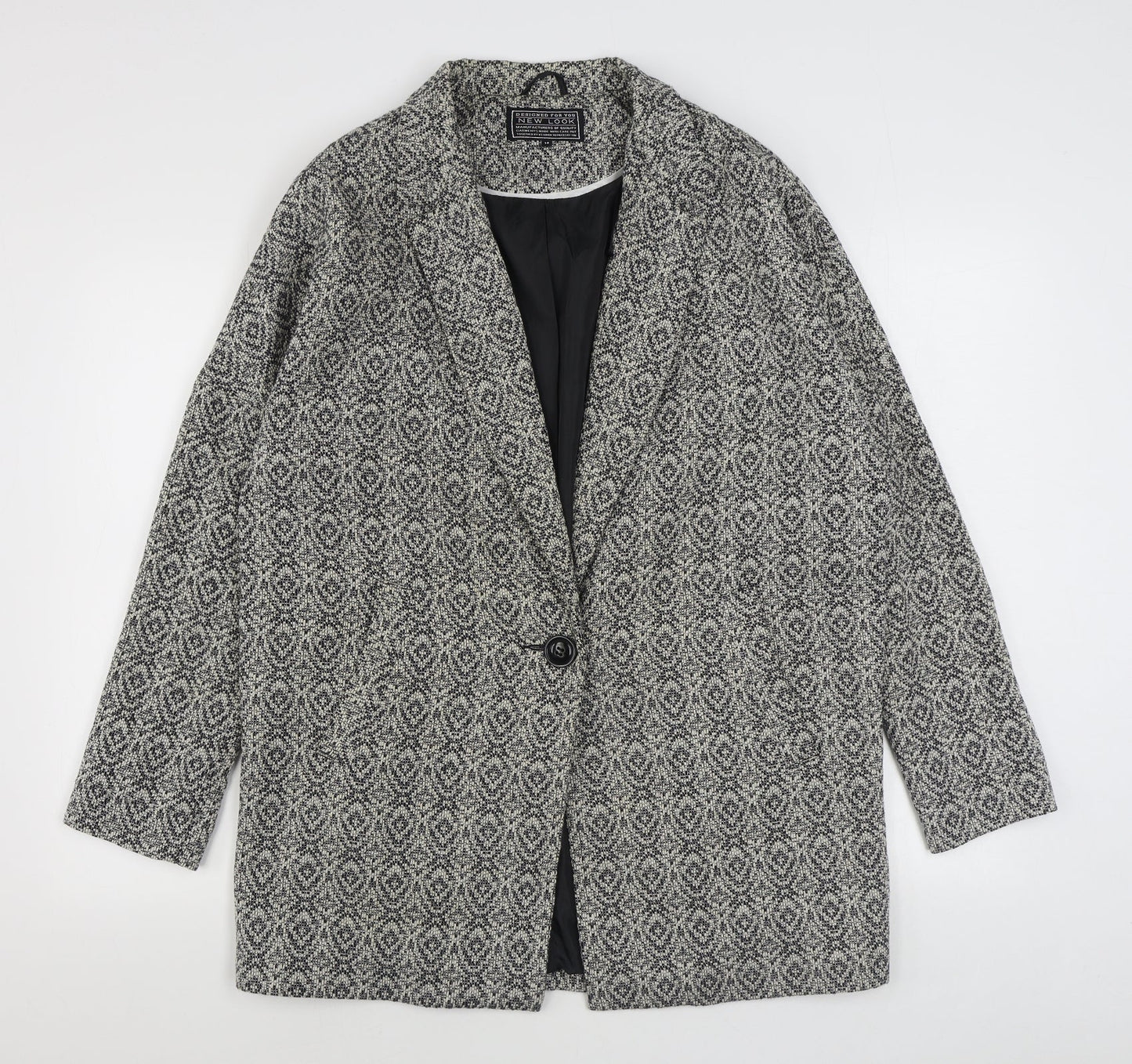 New Look Womens Black Geometric  Overcoat Coat Size 14  Button