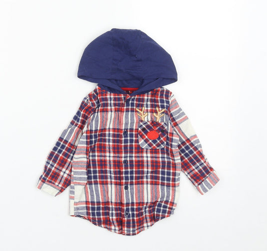 Dunnes Boys Multicoloured Plaid Cotton Basic Button-Up Size 9-12 Months Round Neck Button - Rudolph Christmas