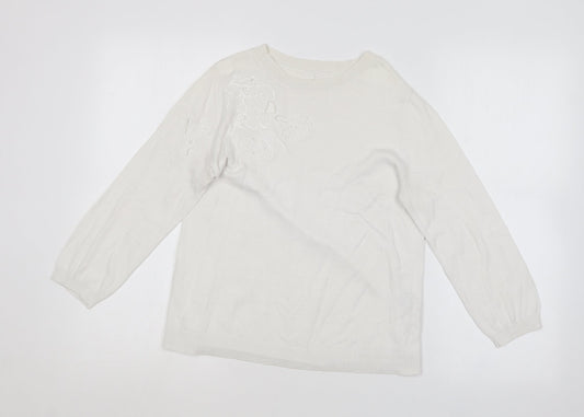 Oasis Womens White Round Neck  Cotton Blend Pullover Jumper Size M