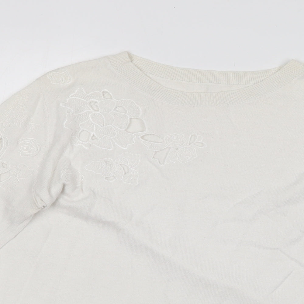 Oasis Womens White Round Neck  Cotton Blend Pullover Jumper Size M