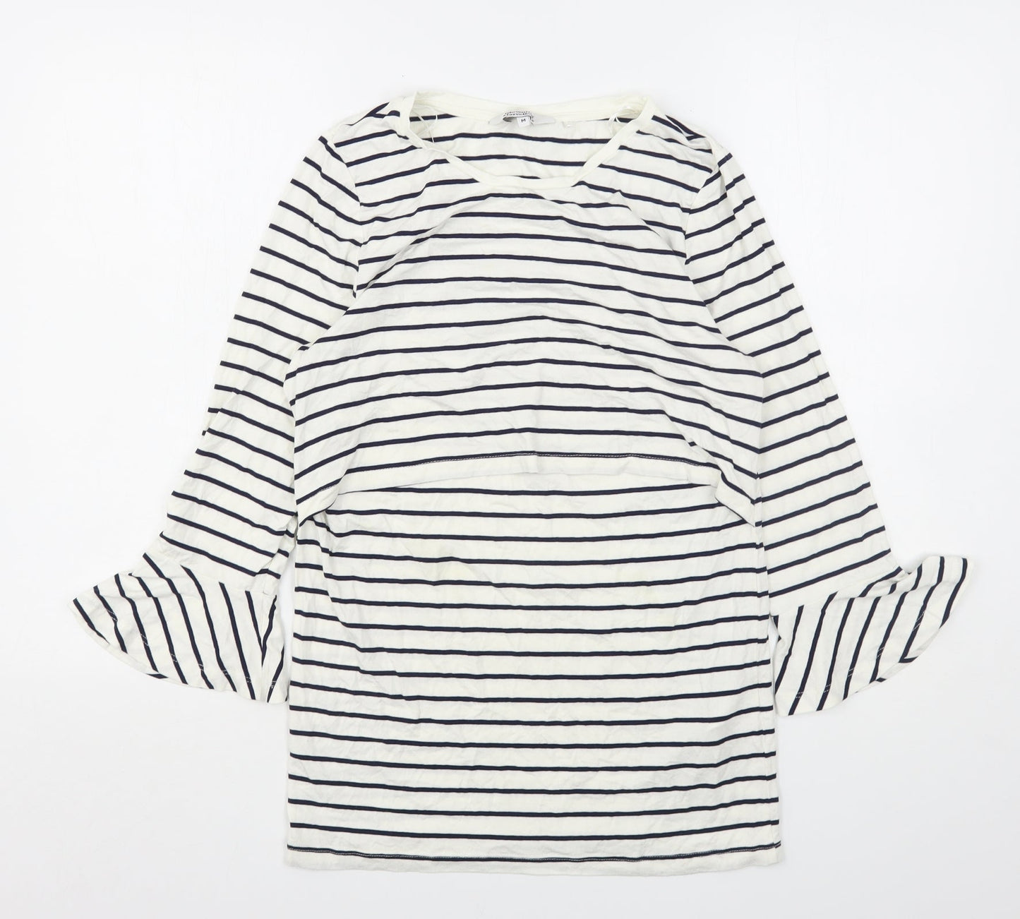 Blooming Marvellous Womens White Striped Viscose Basic T-Shirt Size M Round Neck