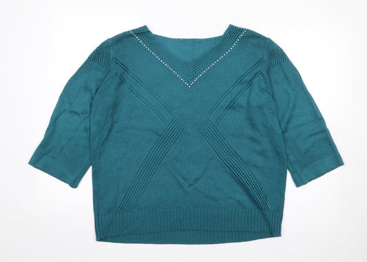 Preworn Womens Green V-Neck  Acrylic Pullover Jumper Size L